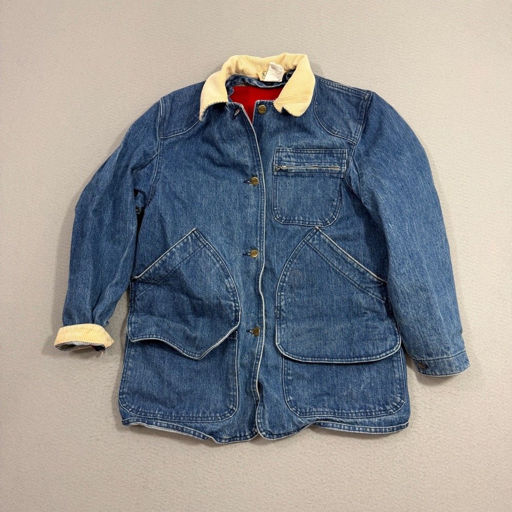Vintage LL Bean Barn Jacket Women Medium Denim Wool Lined Corduroy Field Coat
